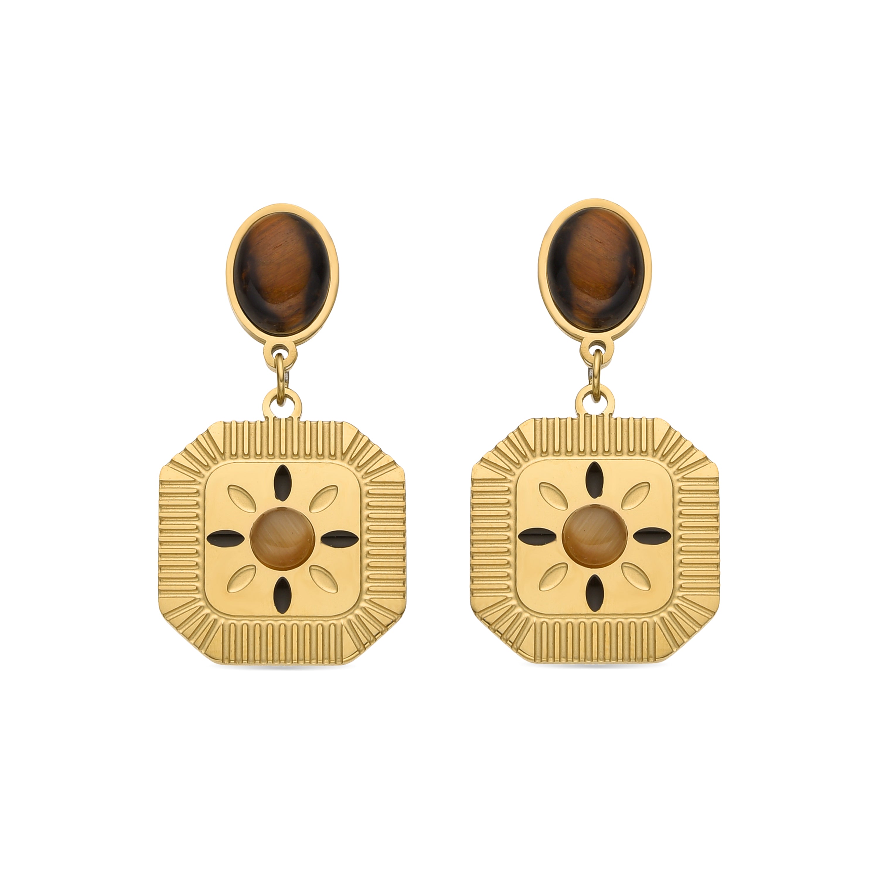 Boucles d'oreilles avec Oeil de Tigre finition or 18k - Waridi