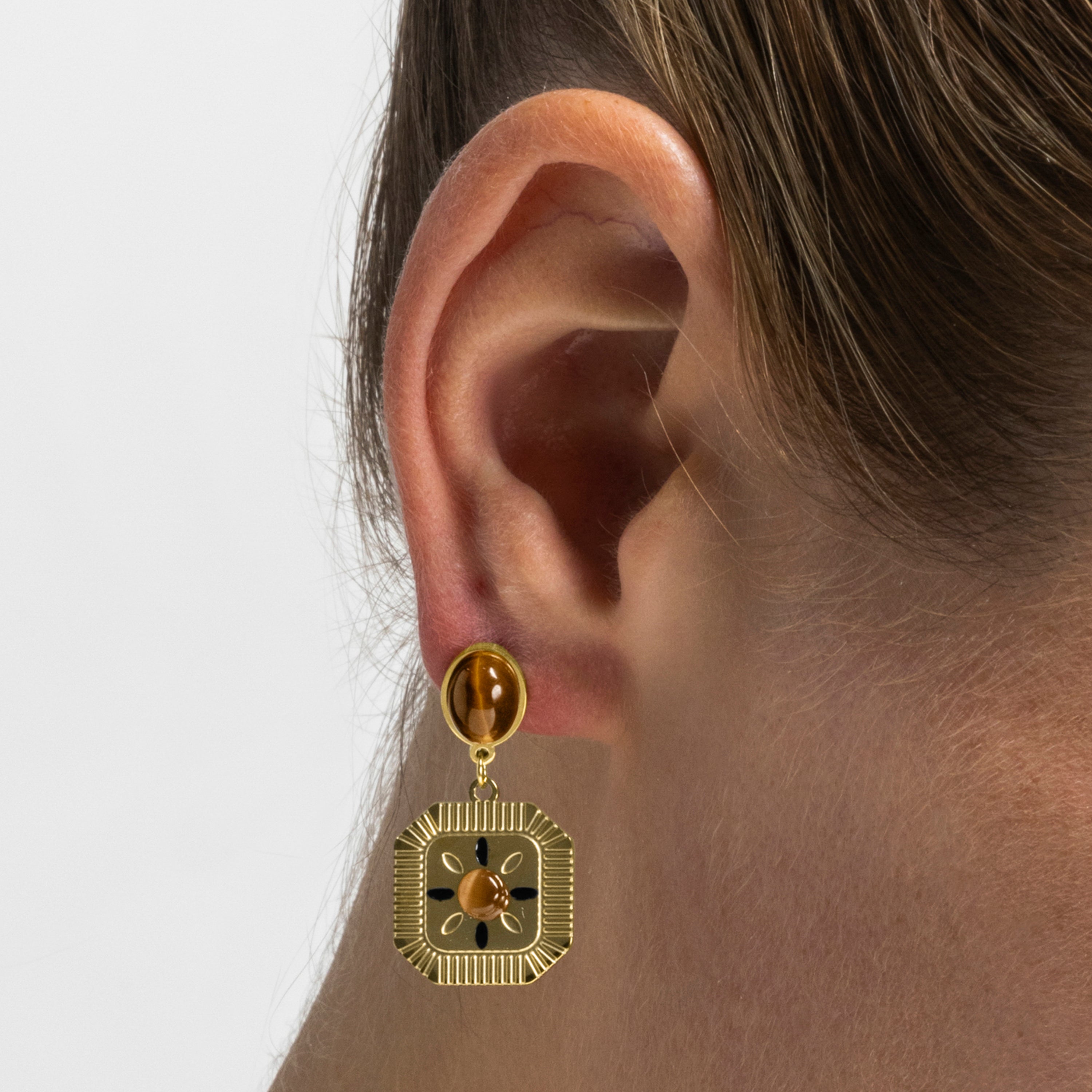Boucles d'oreilles avec Oeil de Tigre finition or 18k - Waridi