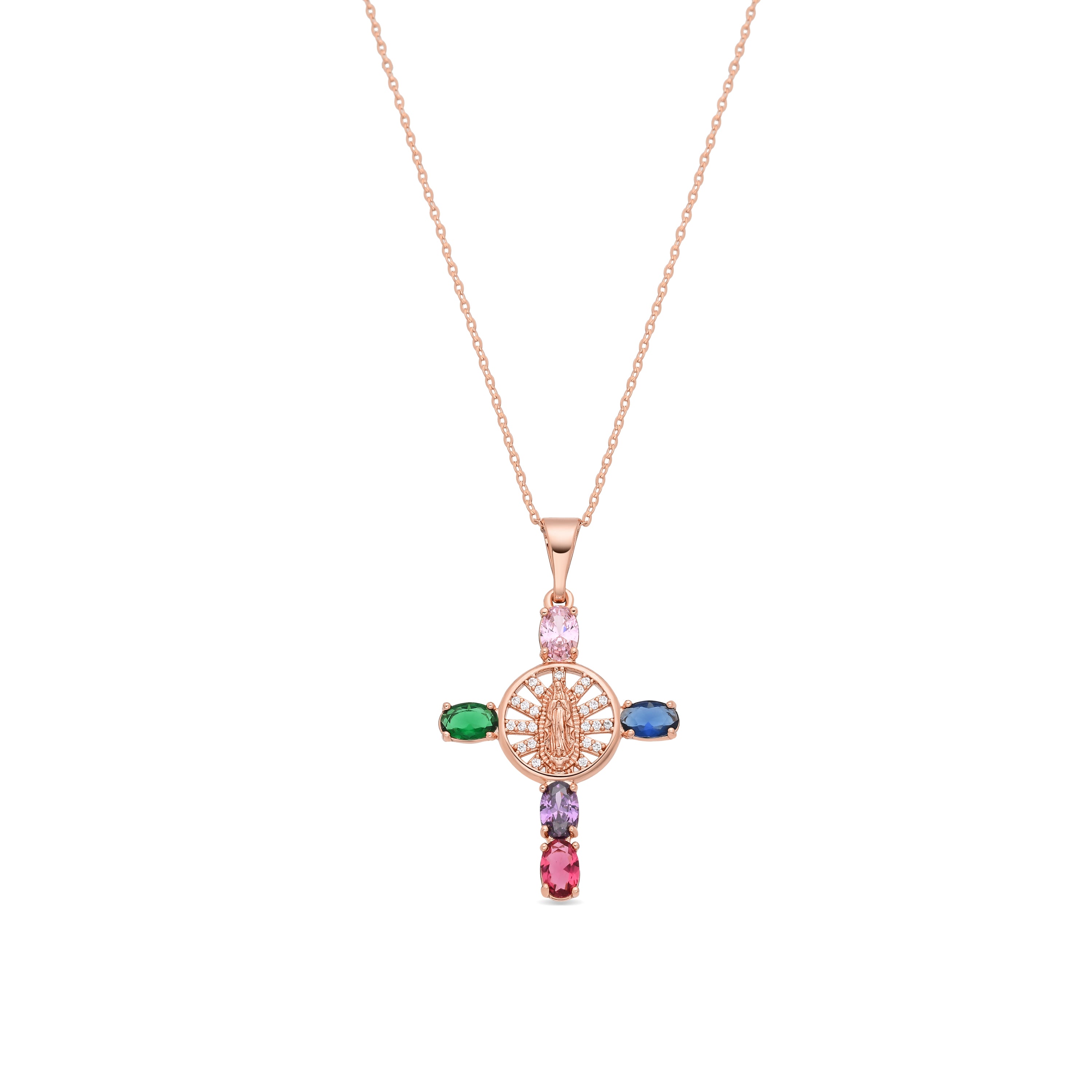 Collar de Aleación de Metal y Circonita Multicolor acabado en oro rosa de 18k - Cruz