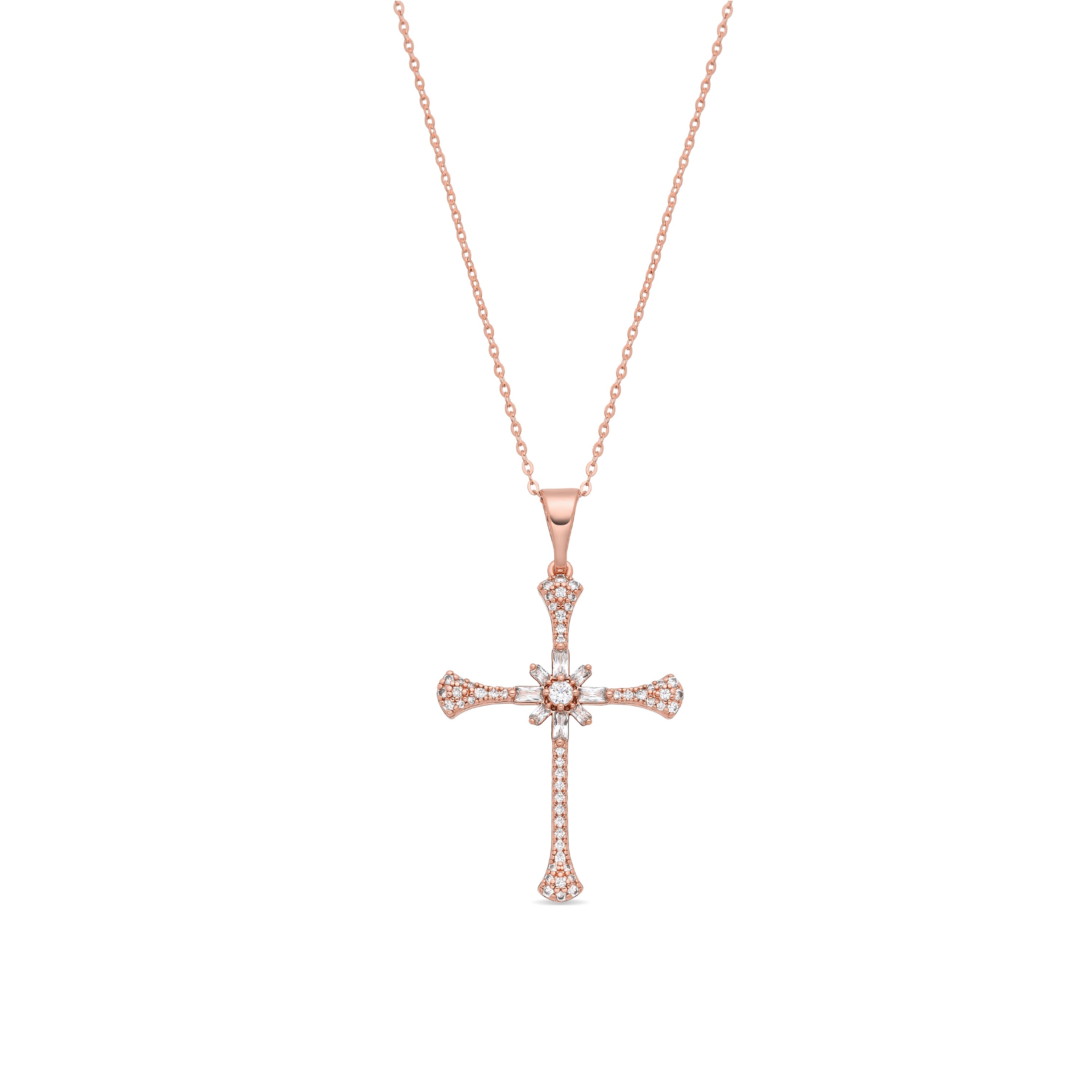 Collar de Aleación de Metal y Circonita Brillante acabado en oro rosa de 18k - Cruz