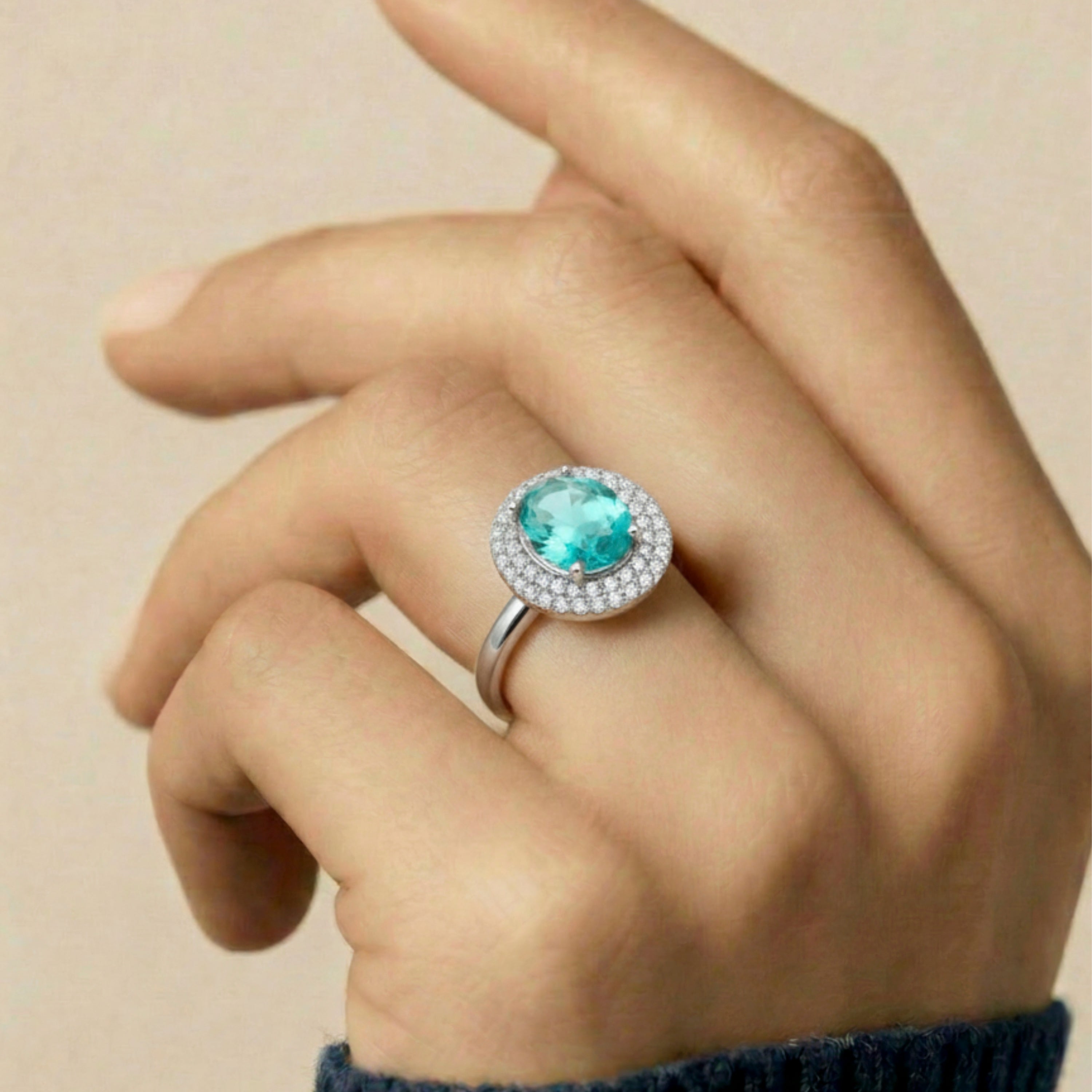 Anillo de Cuarzo Hidrotermal Verde Paraiba acabado en rodio - Ridba